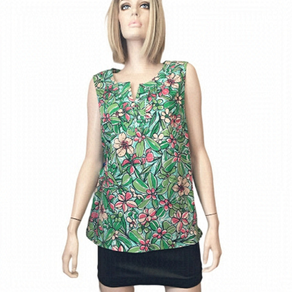 TALBOTS Floral Print Blouse Top Cotton Green Watermelon Sleeveless Tunic Tank - Picture 13 of 16